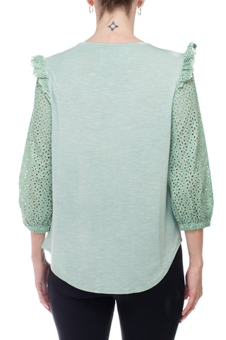 Cupio Round Neck Eyelet ¾ Sleeve Ruffled Shoulders Curved Hem Stretch Crepe Top - Frosty Green - Back