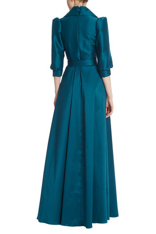 Badgley Mischka Collared 3/4 Sleeve Pleated Belted A-Line Zipper Closure Stretch Mikado Gown_TEAL_back