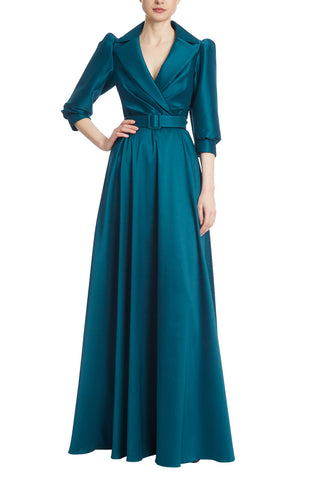 Badgley Mischka Collared 3/4 Sleeve Pleated Belted A-Line Zipper Closure Stretch Mikado Gown_TEAL_front
