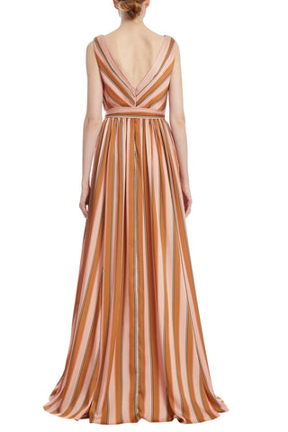 Badgley Mischka V-Neck Sleeveless Tie Waist Zipper Closure Vintage Striped Twill Gown_BLUSH MULTI_back