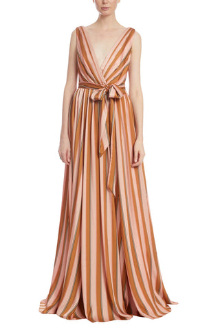 Badgley Mischka V-Neck Sleeveless Tie Waist Zipper Closure Vintage Striped Twill Gown_BLUSH MULTI_front