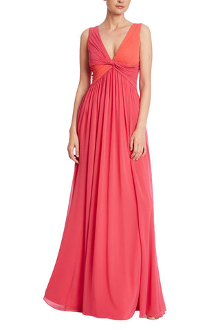 Badgley Mischka V-Neck Sleeveless Twisted Front Two-Tone Georgette Gown_WATERMELON MULTI_front