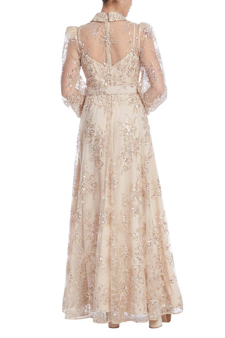 Badgley Mischka Floral Tulle Shirt Gown - Nude - Back Review