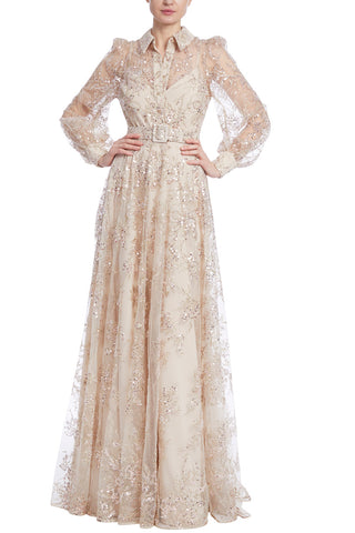 Badgley Mischka Floral Tulle Shirt Gown - Nude - Front Review
