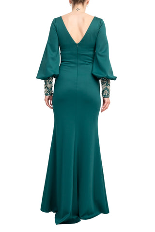 Badgley Mischka Curvy Scuba with Beaded Cuffs Gown - Dark Emerald - Back View