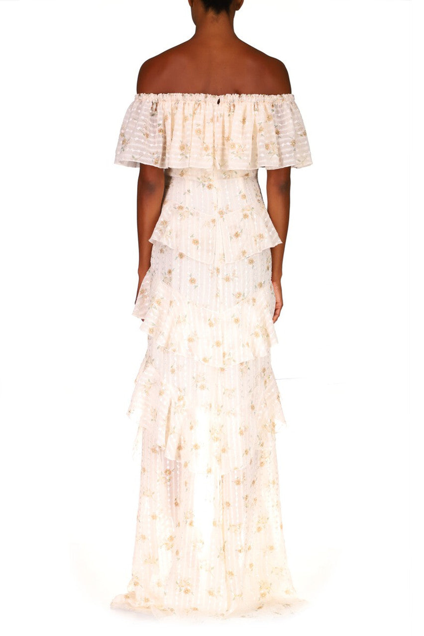 Badgley Mischka Off-Shoulder Floral Print High Low Hem Tiers Georgette Gown | Curated Brands in Los Angeles Badgley Mischka Off-Shoulder Floral Print High Low Hem Tiers Georgette Gown | Curated Brands in Los Angeles