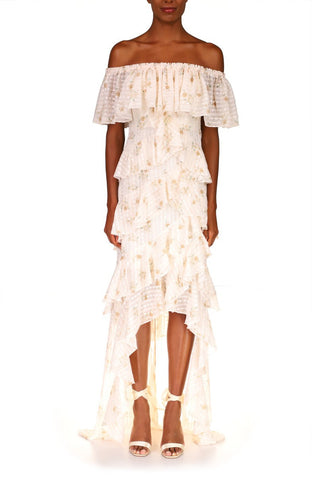 Badgley Mischka Off-Shoulder Zipper Closure Lace and Floral Print High Low Hem Tiers Georgette Gown_WHITE LILAC_front