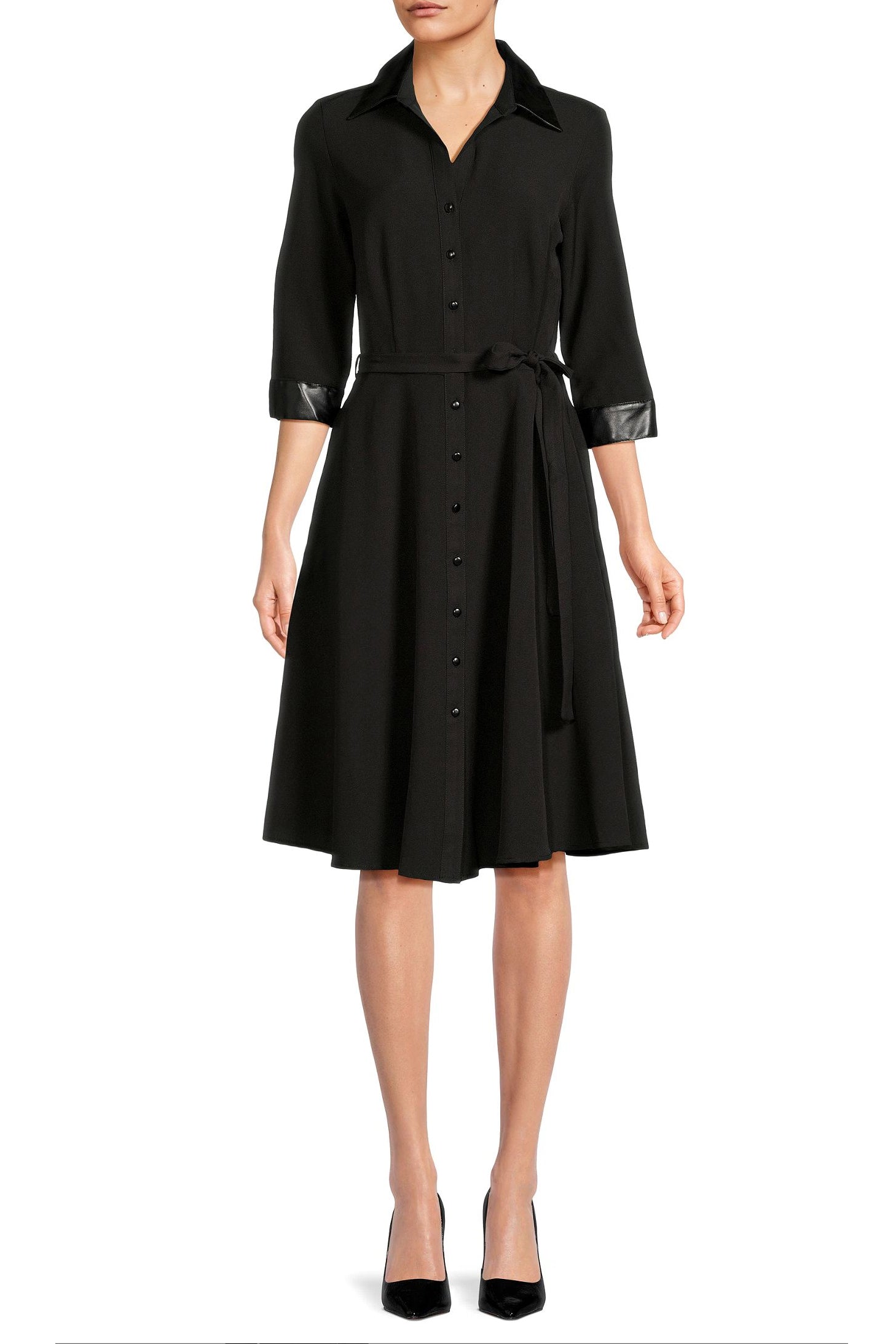 sharagano dress Sharagano Pointed Collar 3/4 Sleeves Button Closure Belted Stretch Crepe Dress with Pockets