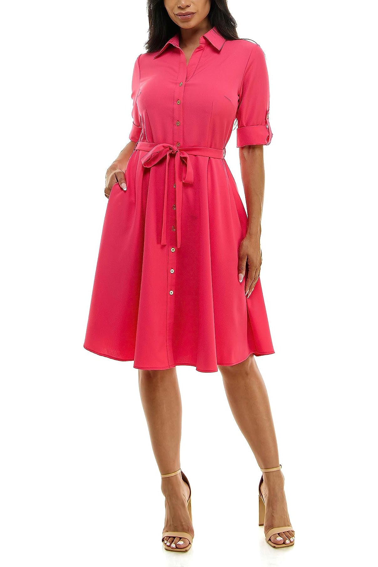 Sharagano Collared Short Tie Waist Solid Scuba Crepe Dress Sharagano Collared Short Tie Waist Solid Scuba Crepe Dress