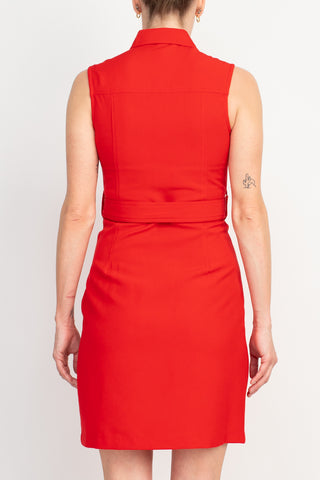 Sharagano Belted Zip Front Dress Pure Red_Back View