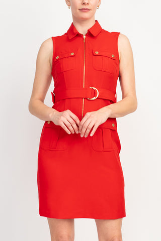 Sharagano Belted Zip Front Dress Pure Red_ Front View