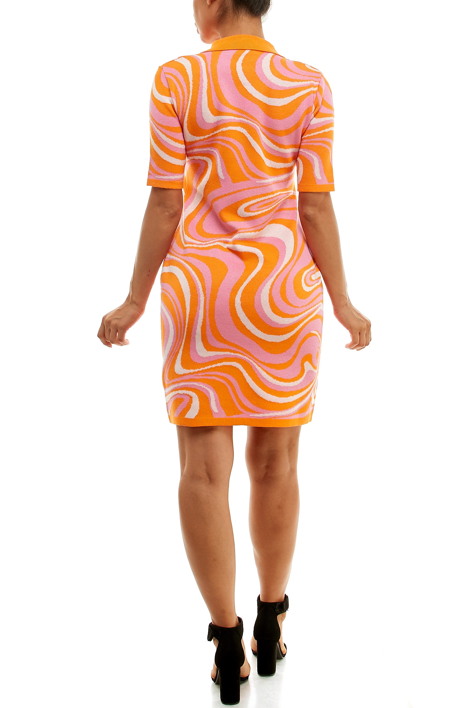 Nina Leonard Collared Short Sleeve Swirl Jacquard Sweater Dress Curated Brands Nina Leonard Collared Short Sleeve Swirl Jacquard Sweater Dress Curated Brands
