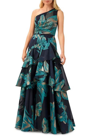 Aidan Mattox Metallic Floral Print Jacquard One Shoulder Tiered Ruffle A-Line - Peacock - Front View