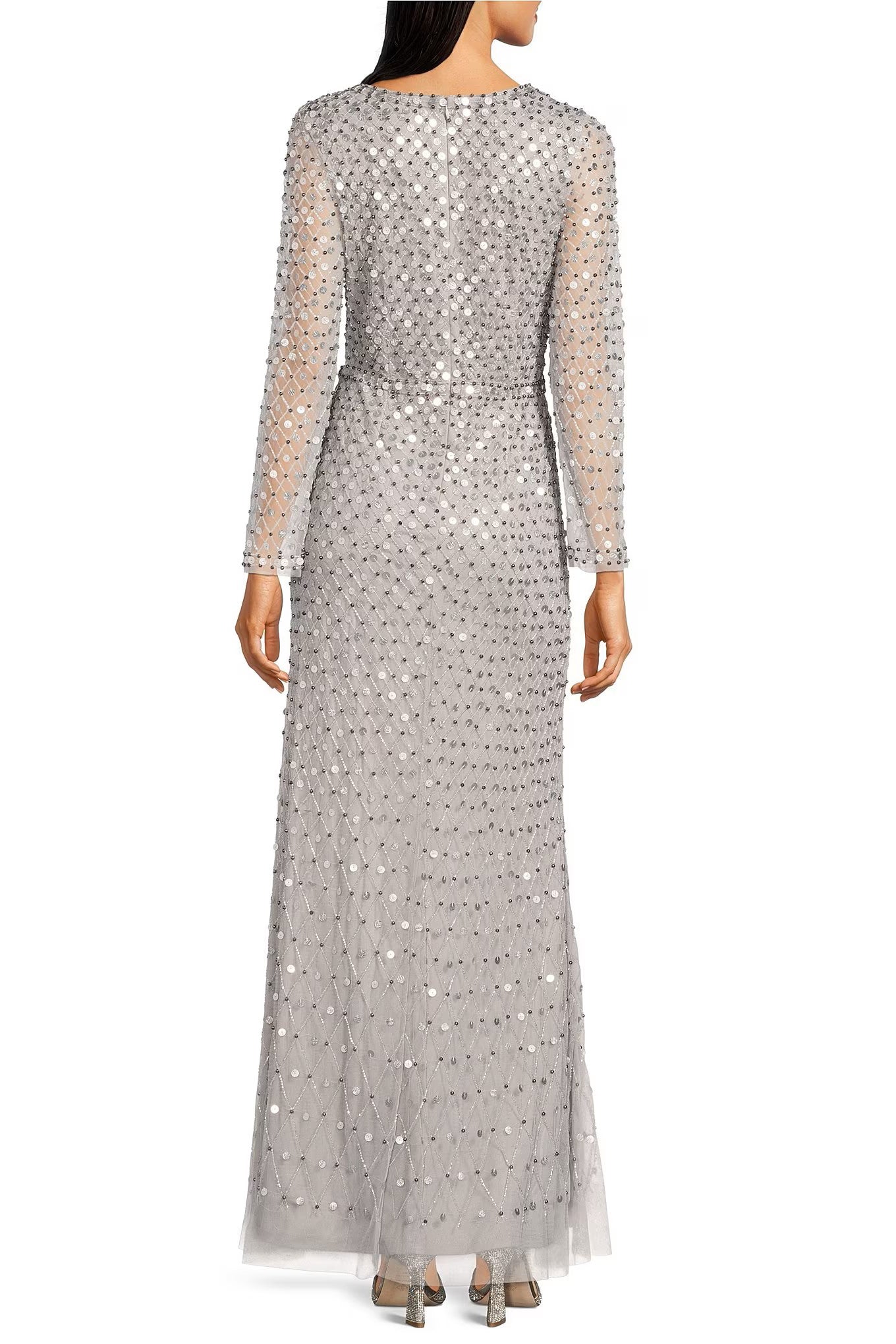 Aidan Mattox Sequined V neck long sleeve slit front zipper back mesh gown