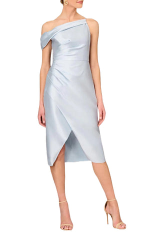 Aidan Mattox One Shoulder Asymmetrical Pleated Side Zipper Closure Wrap Skirt Mikado Dress - Clear Water - Front View