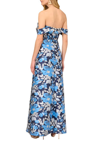 Aidan Mattox Off Shoulder Sweetheart Neck And Draped Off The Shoulder Zipper Closure Floral Jacquard Ball Gown - Blue Multi - Back