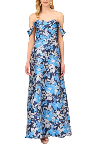 Aidan Mattox Off Shoulder Sweetheart Neck And Draped Off The Shoulder Zipper Closure Floral Jacquard Ball Gown - Blue Multi