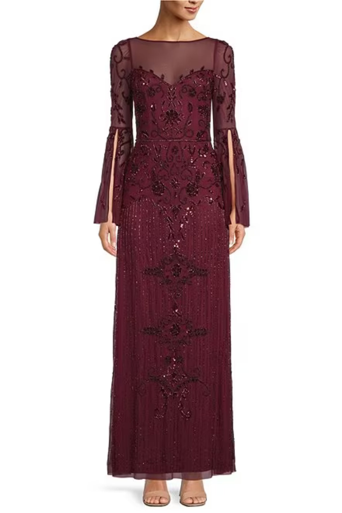 Aidan Mattox Beaded Illusion Boat Neck 3/4 Bell Sleeve A-Line Gown