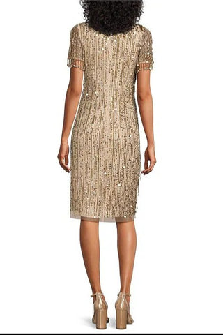 Aidan Mattox Light Gold Beaded Sequin Crew Neck Short Sleeve Dress_Back View