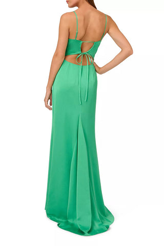 Liv Foster Adjustable Spaghetti Strap Tie Back V-neck Zipper Closure Textured Satin Gown - Summer Green - Back View