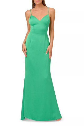 Liv Foster Adjustable Spaghetti Strap Tie Back V-neck Zipper Closure Textured Satin Gown - Summer Green - Front View