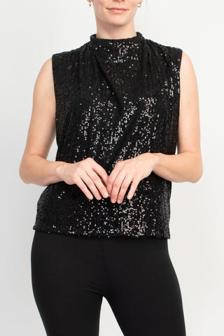 Nicole Miller Gemma All Over Sequin Sleeveless Top-Very Black_Front View