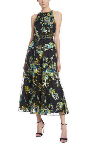Badgley Mischka Pleated Halter Neck Belted Floral Embroidered Sequined Tulle Dress_BLACK MULTI_front