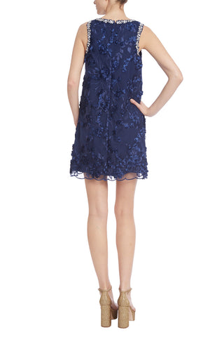 Badgley Mischka Floral Embroidered Mini with Crystals Dress_NAVY_back