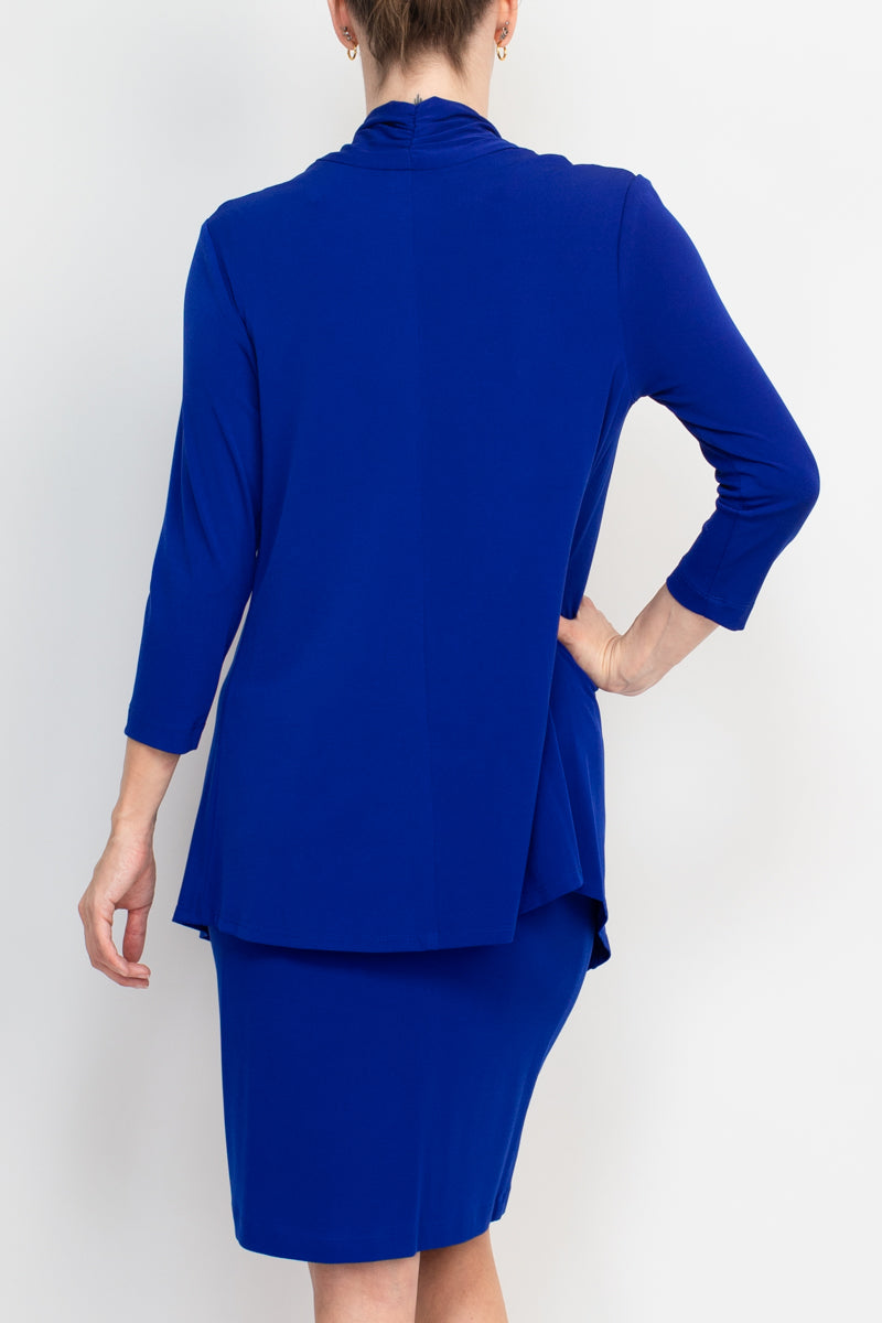 Connected Apparel cowl neck long sleeve solid faux two piece matte jersey jacket dress at Curated Brands in LA Connected Apparel cowl neck long sleeve solid faux two piece matte jersey jacket dress at Curated Brands in LA