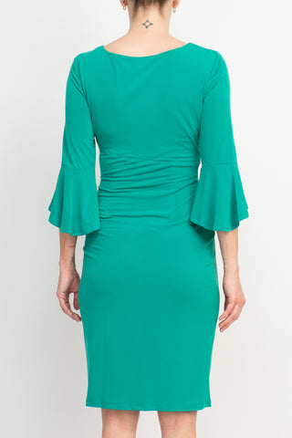 Connected Apparel Boat Neck Flutter Sleeve Gathered Side Solid Matte Jersey Dress in Jade_Back View