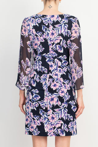Connected Apparel Navy Floral-Print Bell-Sleeve Dress_Back View