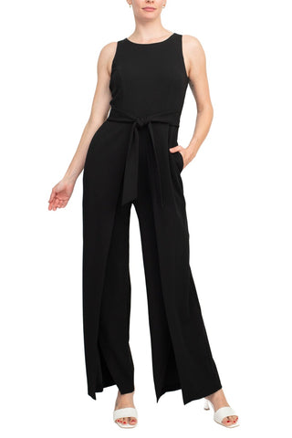 Connected Apparel Scoop Neck Crepe Knit Split Leg with Two Pockets Jumpsuit_Front