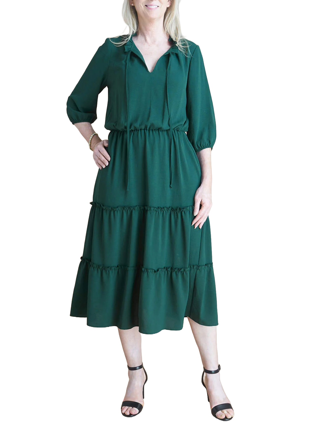 Connected Apparel Split Tie Neck 3/4 Sleeves Solid Tiered Silhouette C Curated Brands Connected Apparel Split Tie Neck 3/4 Sleeves Solid Tiered Silhouette C Curated Brands