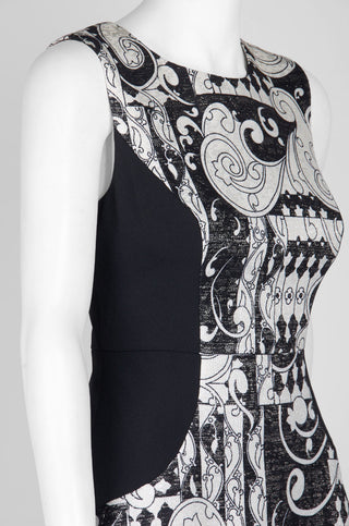 Adrianna Papell Crew Neck Sleeveless Zipper Back Multi Print Metallic Parsley Crepe Panel Dress