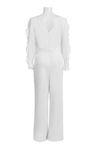 Adrianna Papell Boat Neck Ruffled Long Sleeve Tie Waist Zipper Back Solid Jumpsuit