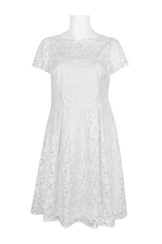 Adrianna Papell Boat Neck Short Sleeve A-Line Box Pleat Zipper Back Embroidered Dress Adrianna Papell Boat Neck Short Sleeve A-Line Box Pleat Zipper Back Embroidered Dress
