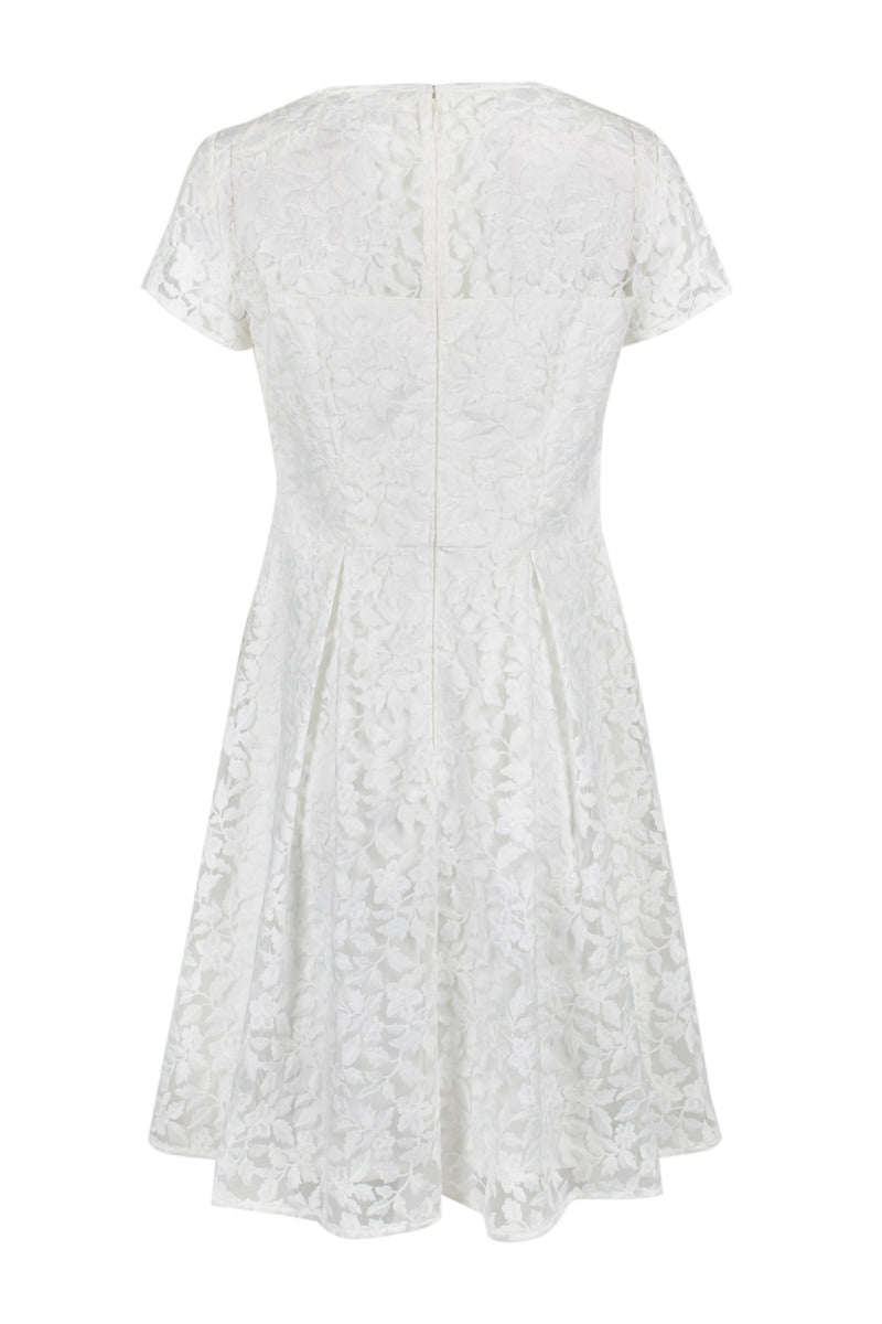 Adrianna Papell Boat Neck Short Sleeve A-Line Box Pleat Zipper Back Embroidered Dress | Available at Curated Brands in Los Angeles Adrianna Papell Boat Neck Short Sleeve A-Line Box Pleat Zipper Back Embroidered Dress | Available at Curated Brands in Los Angeles