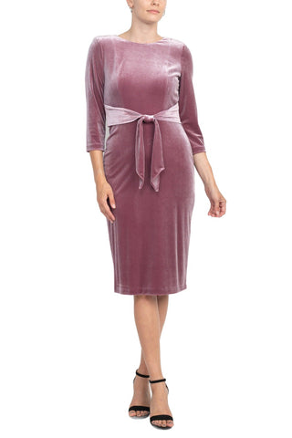 Adrianna Papell Boat Neck 3/4 Sleeve Solid Tie Front Short Velvet Dress