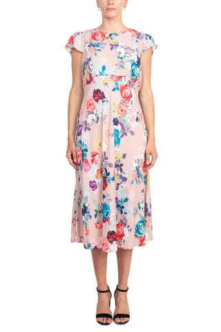 Adrianna Papell Jewel Neck Flutter Sleeve & Soft Pleats Floral Print Empire Waist Midi Dress | Available at Curated Brands in Los Angeles Adrianna Papell Jewel Neck Flutter Sleeve & Soft Pleats Floral Print Empire Waist Midi Dress | Available at Curated Brands in Los Angeles