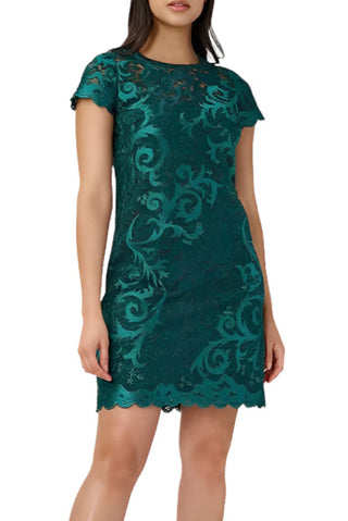 Adrianna Papell Illusion Crew Neck Short Sleeve Bodycon Zipper Back Lace Dress | Available at Curated Brands in Los Angeles Adrianna Papell Illusion Crew Neck Short Sleeve Bodycon Zipper Back Lace Dress | Available at Curated Brands in Los Angeles