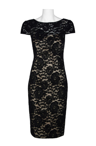 Adrianna Papell Boat Neck Cap Sleeve Zipper Back Floral Lace Dress - Black/Nude - Front full view