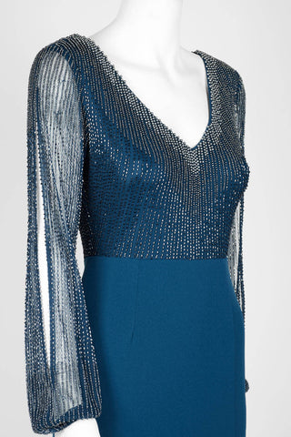 Adrianna Papell V-Neck Embellished Slit Long Sleeve Illusion Bodycon Zipper Back Mesh Crepe Dress