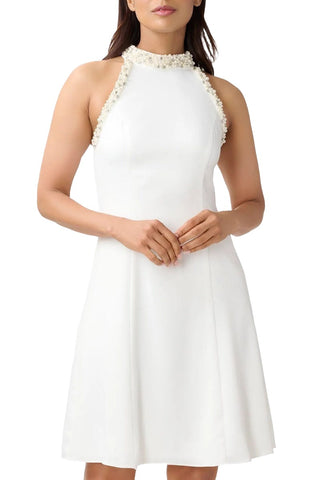 Adrianna Papell Embellished Halter Neck Zipper Back A-Line Solid Woven Satin Crepe Dress - IVORY - Front view
