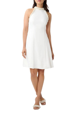 Adrianna Papell Embellished Halter Neck Zipper Back A-Line Solid Woven Satin Crepe Dress - IVORY - Front 