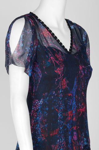Elie Tahari Embellished V-Neck Slit Short Sleeve Zipper Back Tiered Hem Silk Dress