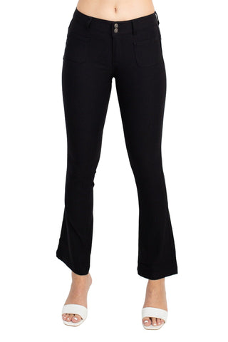 Sabrina Lauran NY Mid Waist Button Zipper Closure Belt Hoop Solid Stretch Denim Pants with Pockets - Black - Front