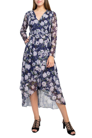 Laundry V-Neck Long Sleeve Tie Waist Floral Print Tiered Power Mesh Dress - Blue Multi - Front