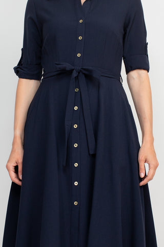 Sharagano Collared Short Sleeve Tie Waist A-Line Solid Rayon Dress