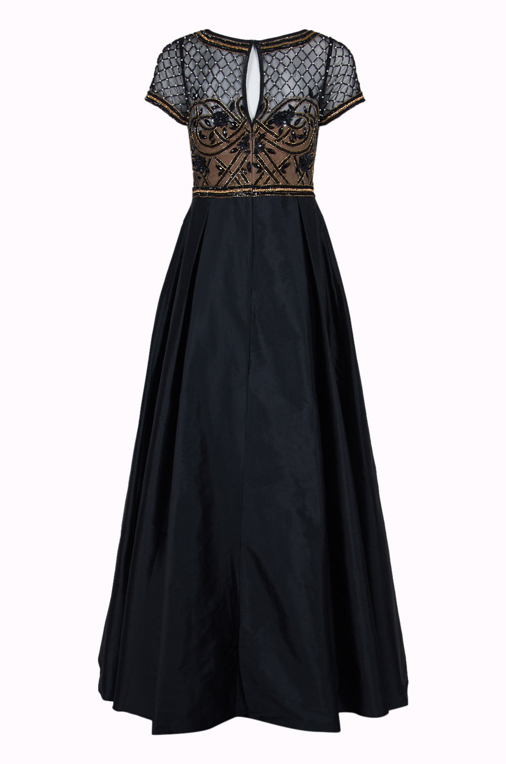 Aidan Mattox Boat Neck Short Sleeve Illusion Embellished Bodice Keyhole Back Mesh Taffeta Gown