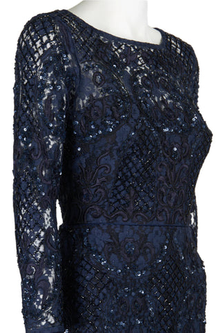 Aidan Mattox Scoop Neck Long Sleeve Keyhole Back Embellished Floral Lace Dress | Available at Curated Brands in Los Angeles Aidan Mattox Scoop Neck Long Sleeve Keyhole Back Embellished Floral Lace Dress | Available at Curated Brands in Los Angeles